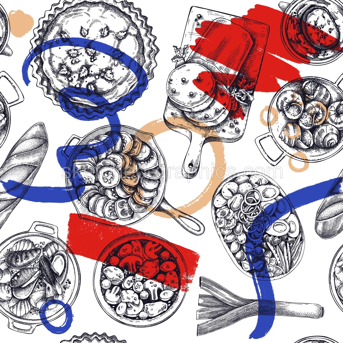 French food seamless pattern. Vintage food and wine sketches. European restaurant menu design. Collage-style France background. Hand-drawn vector illustration, NOT AI generated Illustration